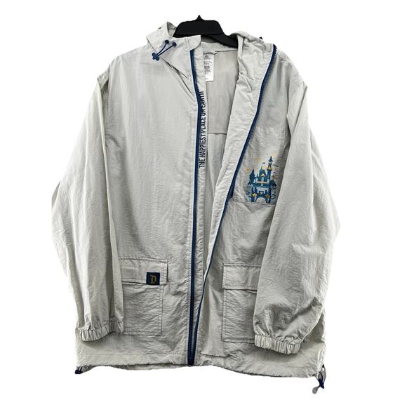 Disneyland Resort Windbreaker Jacket L Gray Blue Castle Graphic Hooded Zip Up - Picture 2 of 10